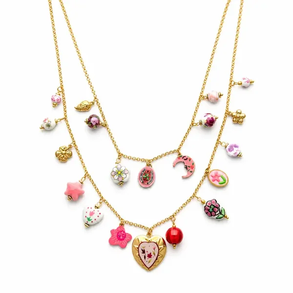 Stainless steel happy Heart dubbele bedelketting pink