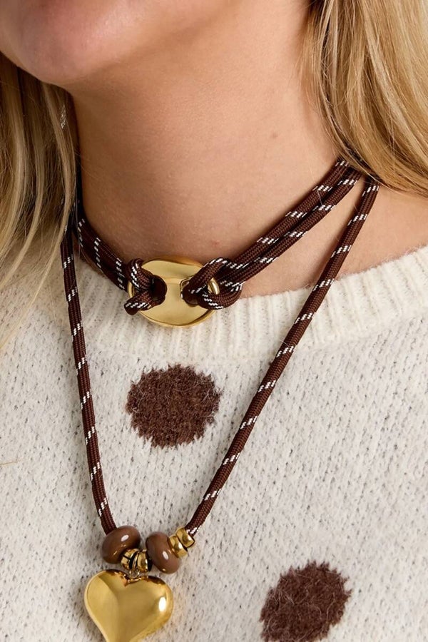Gevlochten korte rvs Ketting in het bruin en burgundy