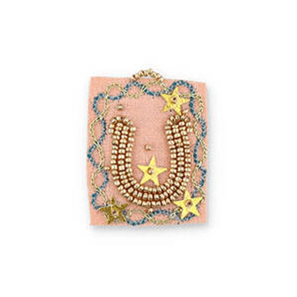 Handgemaakte bedels van stof hoefijzer Salmon pink-blue-gold
