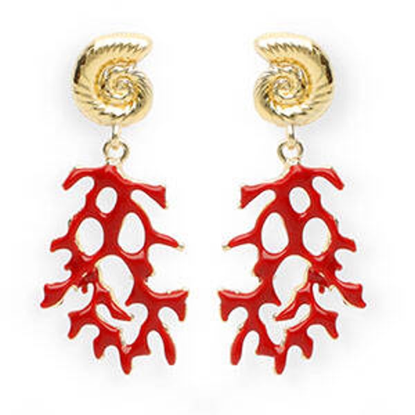 Trendy oorsteker Koraal met schelp dark red