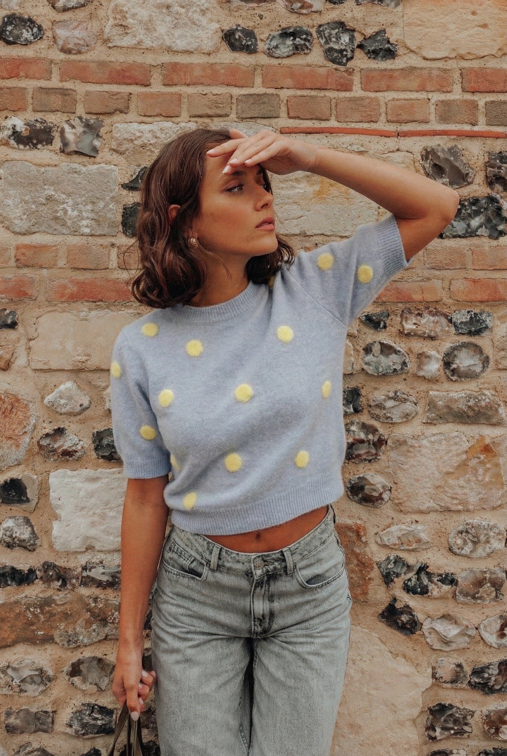 Truitje in het baby blauw met Butter yellow stippen