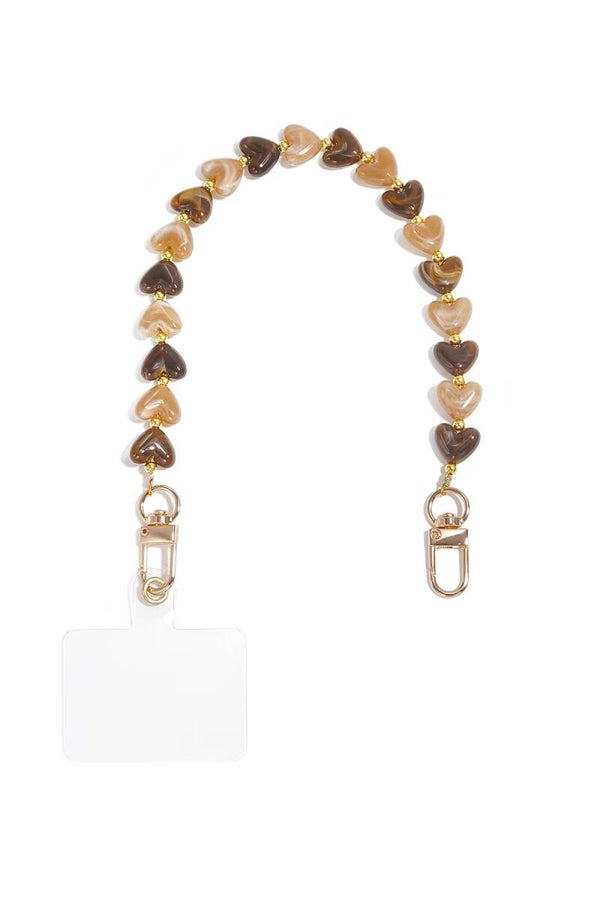 Telefoonketting met hartjes bruin