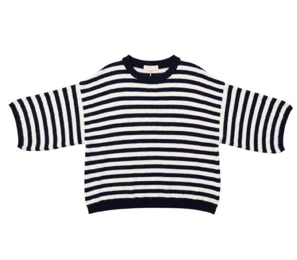 Gebreide ronde hals trui met strepen Navy wit