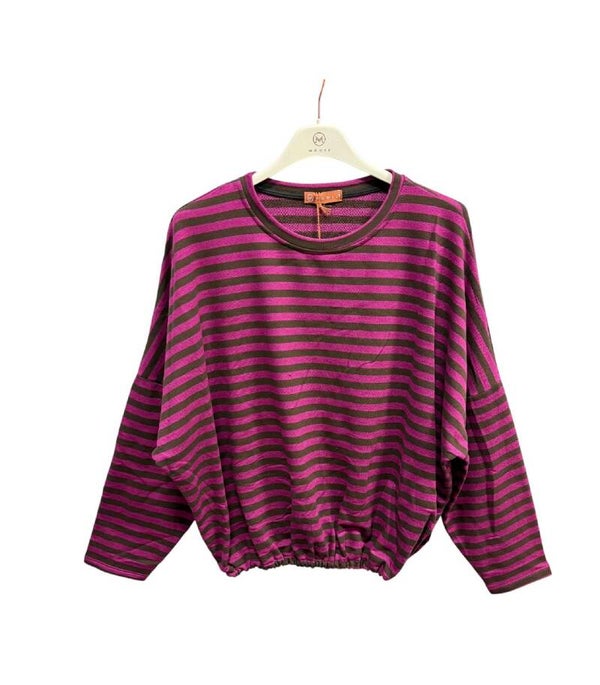 Ronde hals Ballon truitje multicolour streep donker fuchsia