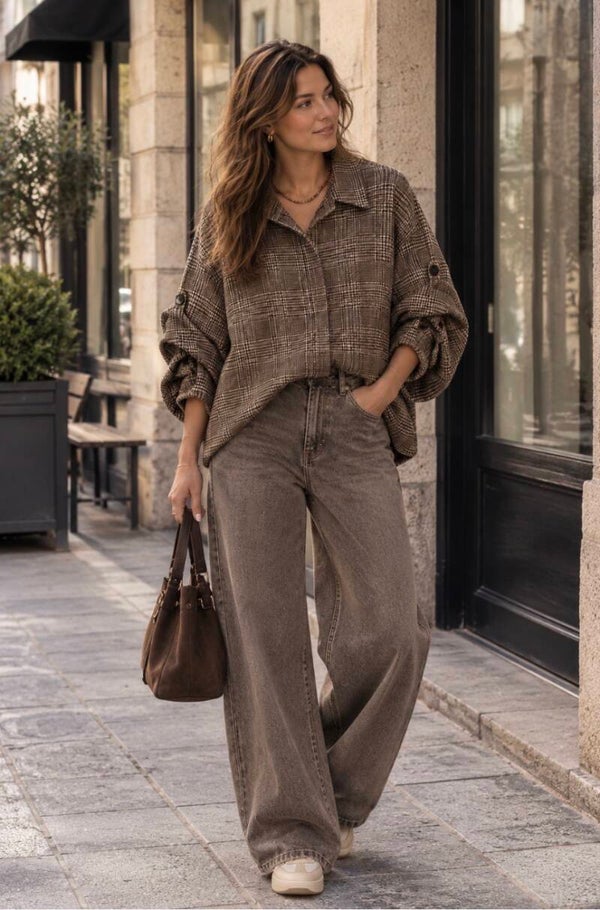Oversized winterbloese bruin met creme ruit