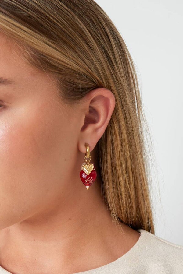 Stainless steel oorbellen Glass Heart red