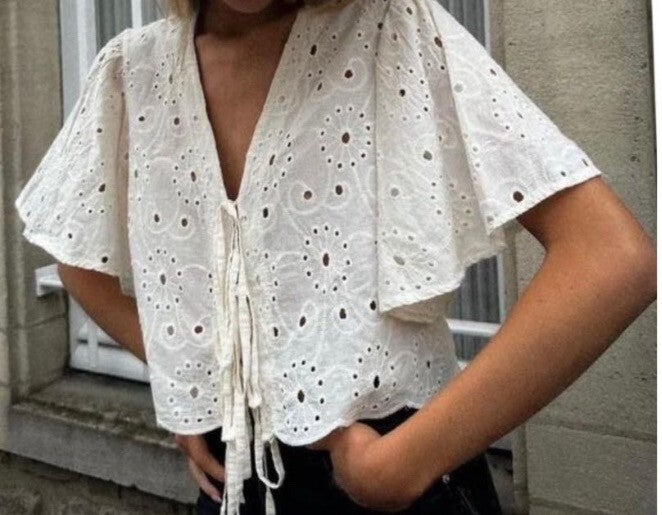 Broderie bloese in het wit, bruin of geel, one size