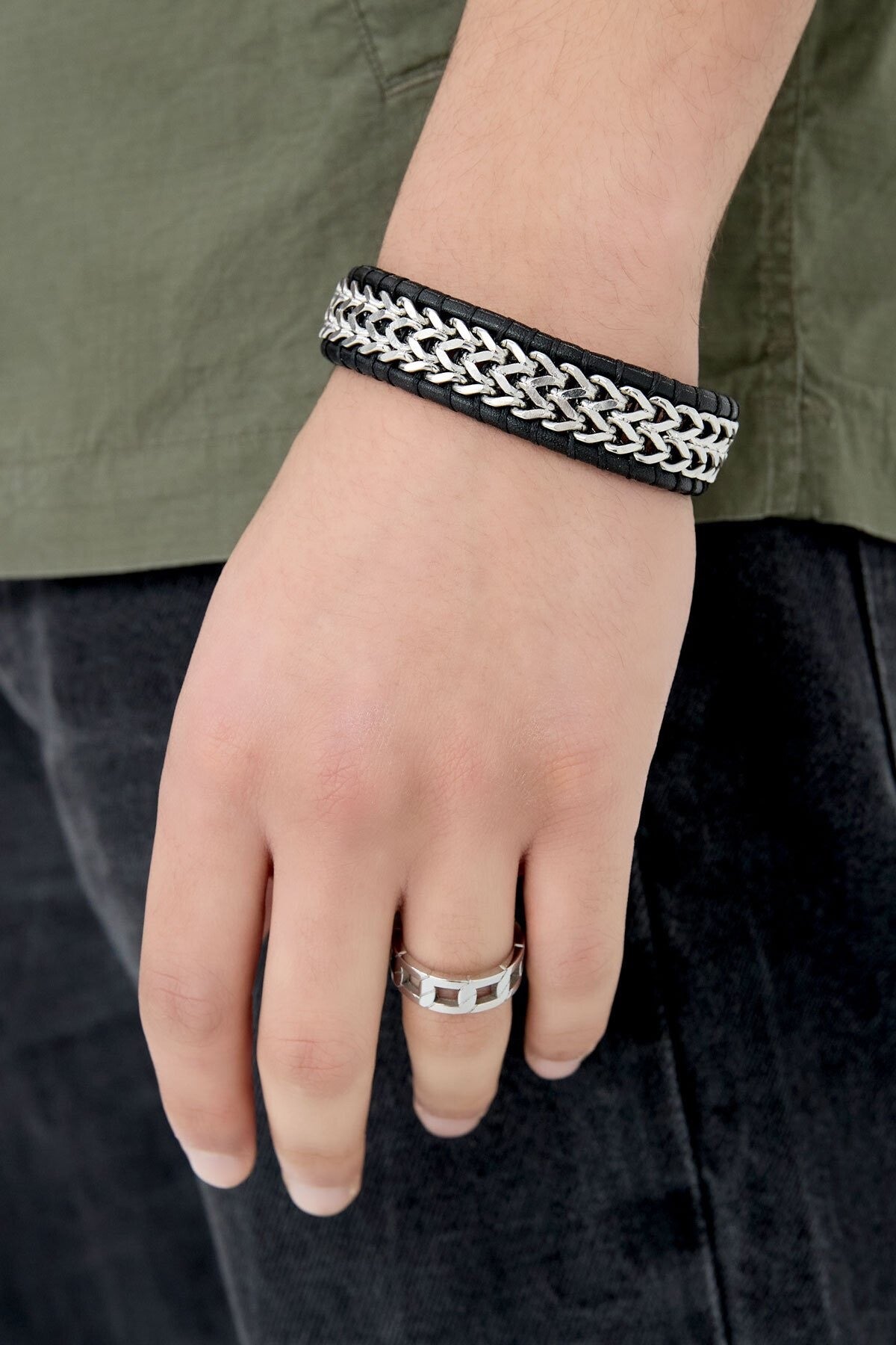 Herenarmband roestvrijstaal met leer