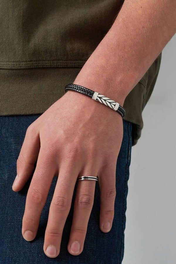Herenarmband roestvrijstaal met leer gevlochten