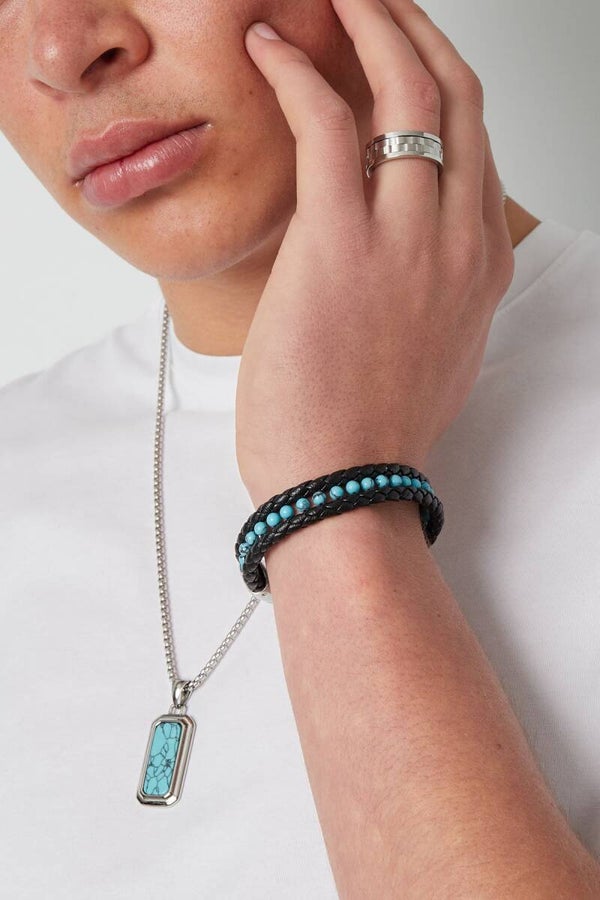 Herenarmband roestvrijstaal met leer en natuursteen Turquoise