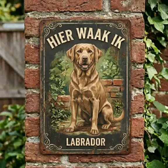 Metaal Bord Hier Waak Ik - Labrador - Vintage Look