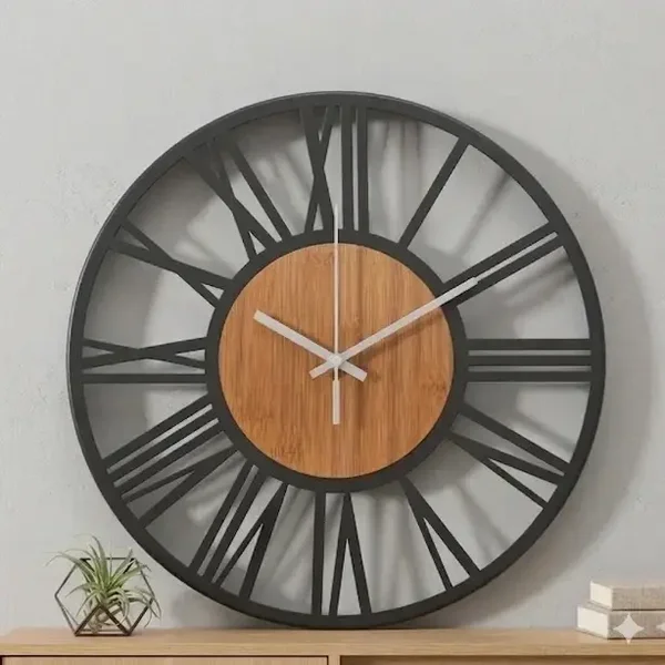 Industriële Wandklok Zwart Metaal & Hout - Romeinse Cijfers - 35cm