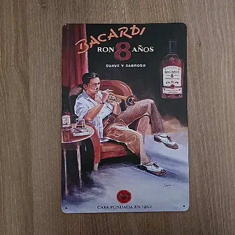Vintage Metaal Bord Bacardi Ron 8 Años - 20x30 cm - Retro Reclamebord