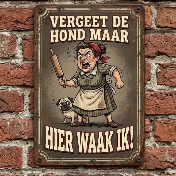 Metalen Bord Vergeet de Hond Hier Waak Ik - Vintage Wandbord
