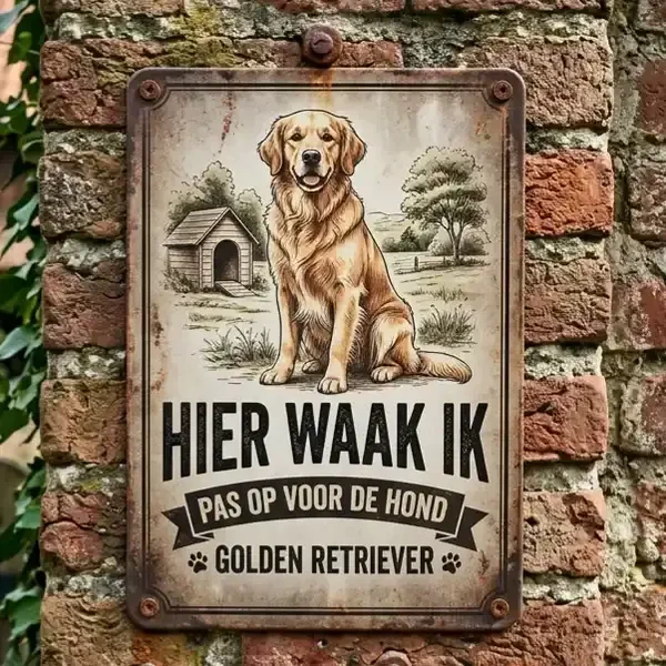 Metalen Waakbord Golden Retriever - Hier Waak Ik - 20x30 / 30x40 cm