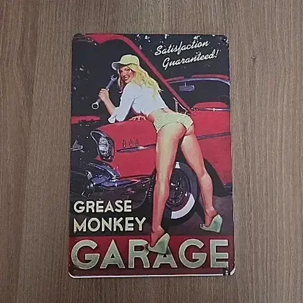 Vintage Metalen Bord Grease Monkey Garage - Pin-up - 20x30cm