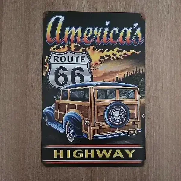 Metalen Wandbord Route 66 America's Highway - Vintage Woody Wagon - 20x30 cm