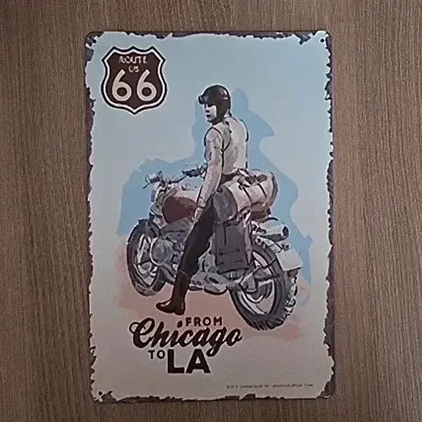 Metalen Wandbord Route 66 Chicago to LA - Vintage Motor - 20x30cm