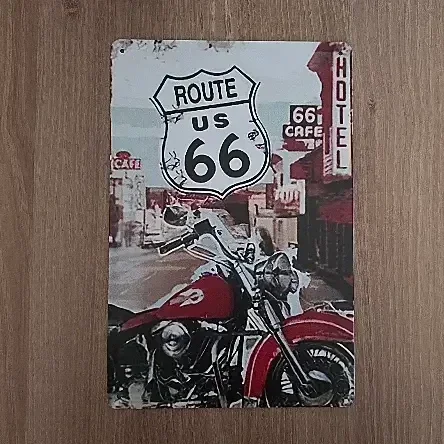 Vintage Wandbord Route 66 & Motor - 20x30 cm - Retro Decoratie
