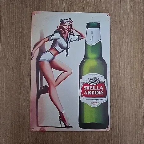 Stella Artois Vintage Metalen Bord - Pin-up - 20x30 cm