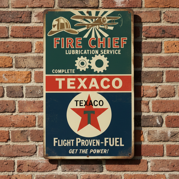 Retro Metalen Bord Texaco Fire Chief & Flight Fuel - Vintage Wandbord