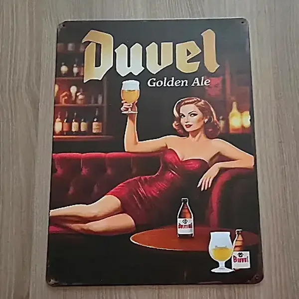 Vintage Duvel Metalen Bord - Pin-up Golden Ale - 30x40cm