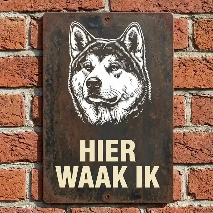 Metalen Waakbord Hier Waak Ik - Husky / Malamute - Vintage Look