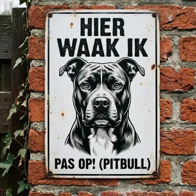 Waakbord Pitbull Metaal - Hier Waak Ik