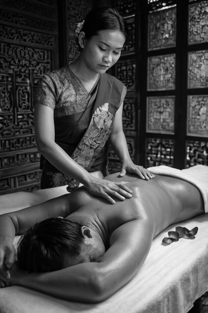 Massage thaïlandais aux huiles essentielles et aromathérapie, praticienne en tenue traditionnelle effectuant un soin relaxant du dos dans un cadre raffiné et apaisant inspiré de la culture asiatique.