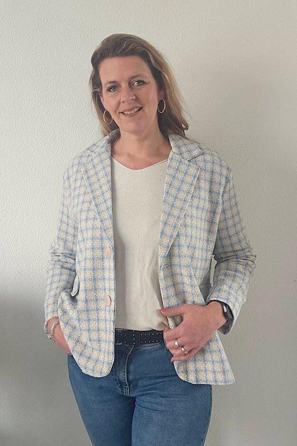 Oversized jasje/blazer met ruit blauw en beige