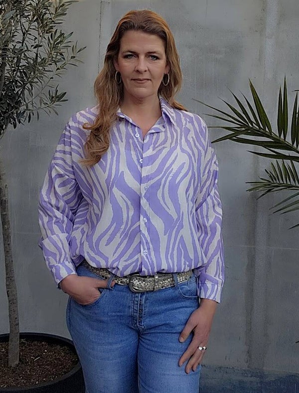 Linnen blouse (Zebraprint, lila wit)