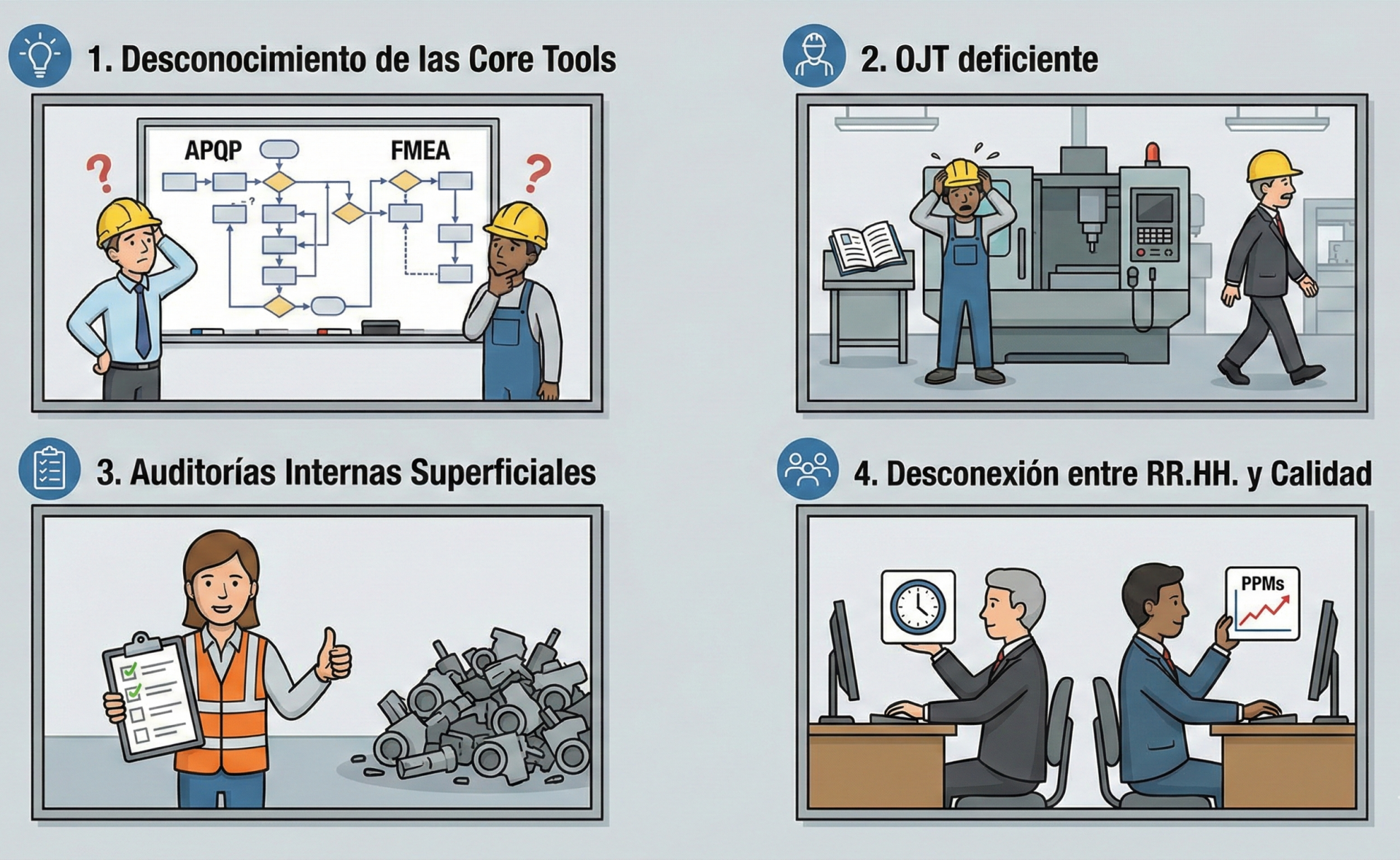 "Infografía de errores comunes en la Cláusula 7.2 de IATF 16949: falta de conocimiento en Core Tools, entrenamiento en puesto (OJT) deficiente, auditorías internas superficiales y desconexión entre departamentos de Recursos Humanos y Calidad."