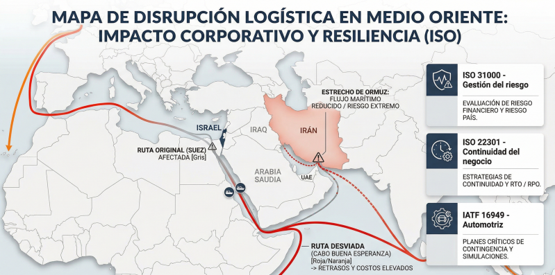 Una imagen tipo mapa analítico, limpia, moderna y corporativa, que muestre el Medio Oriente como el epicentro de la disrupción logística, conectándolo visualmente con los sistemas de gestión ISO (22301, 31000, IATF 16949