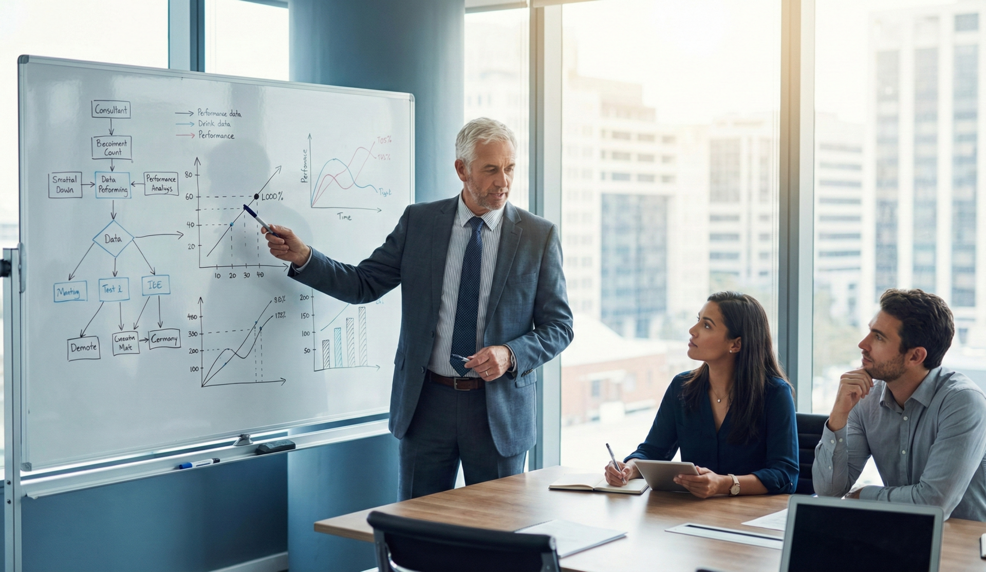 Consultor experto de ALC Consultant capacitando a equipo directivo sobre mejora continua y auditorías internas en un entorno corporativo moderno.