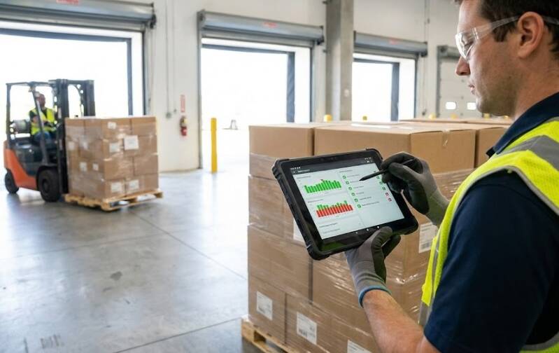 Inspector de calidad utilizando una tablet para realizar una evaluación digital de entrada de materiales de proveedores en un almacén moderno.