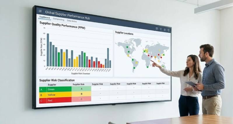 Gerentes de compras y calidad analizando un tablero de control con KPIs de desempeño y clasificación de riesgos de la cadena de suministro.