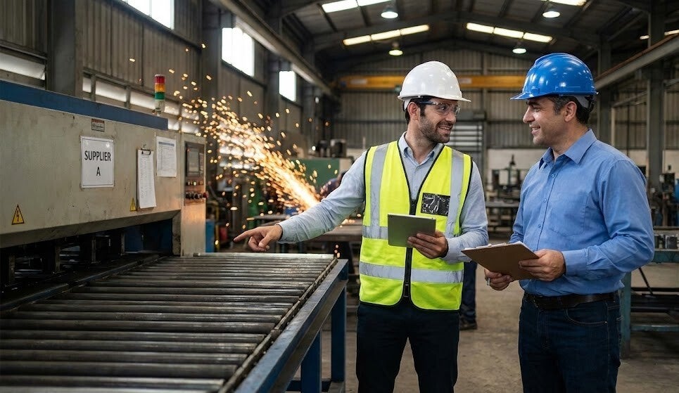 Auditor consultor realizando una evaluación técnica en las instalaciones de un proveedor para verificar el cumplimiento de estándares de calidad y seguridad.