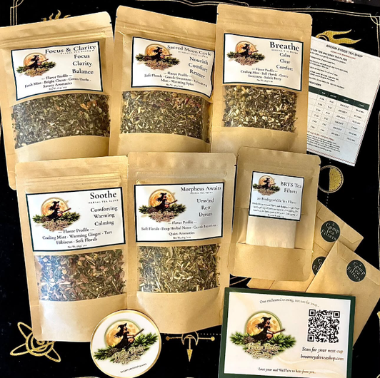 Broom Ryder Tea Shop loose-leaf herbal teas in kraft pouches with tea filters and branded accessories