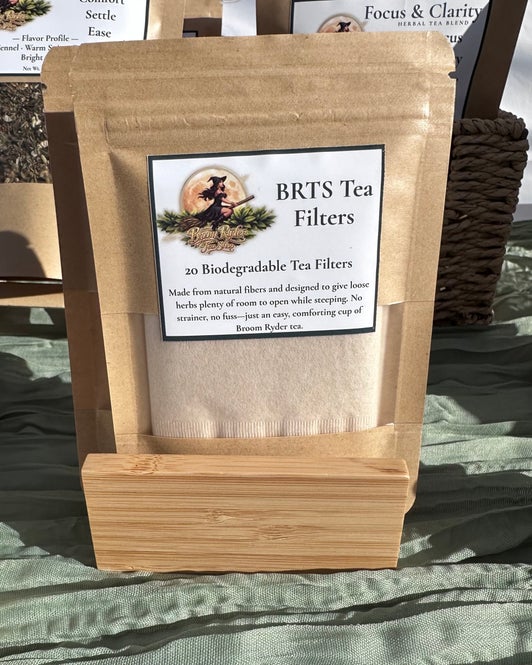 BRTS Tea Filters 20-pack in original kraft packaging, photographed at the Broom Ryder market booth