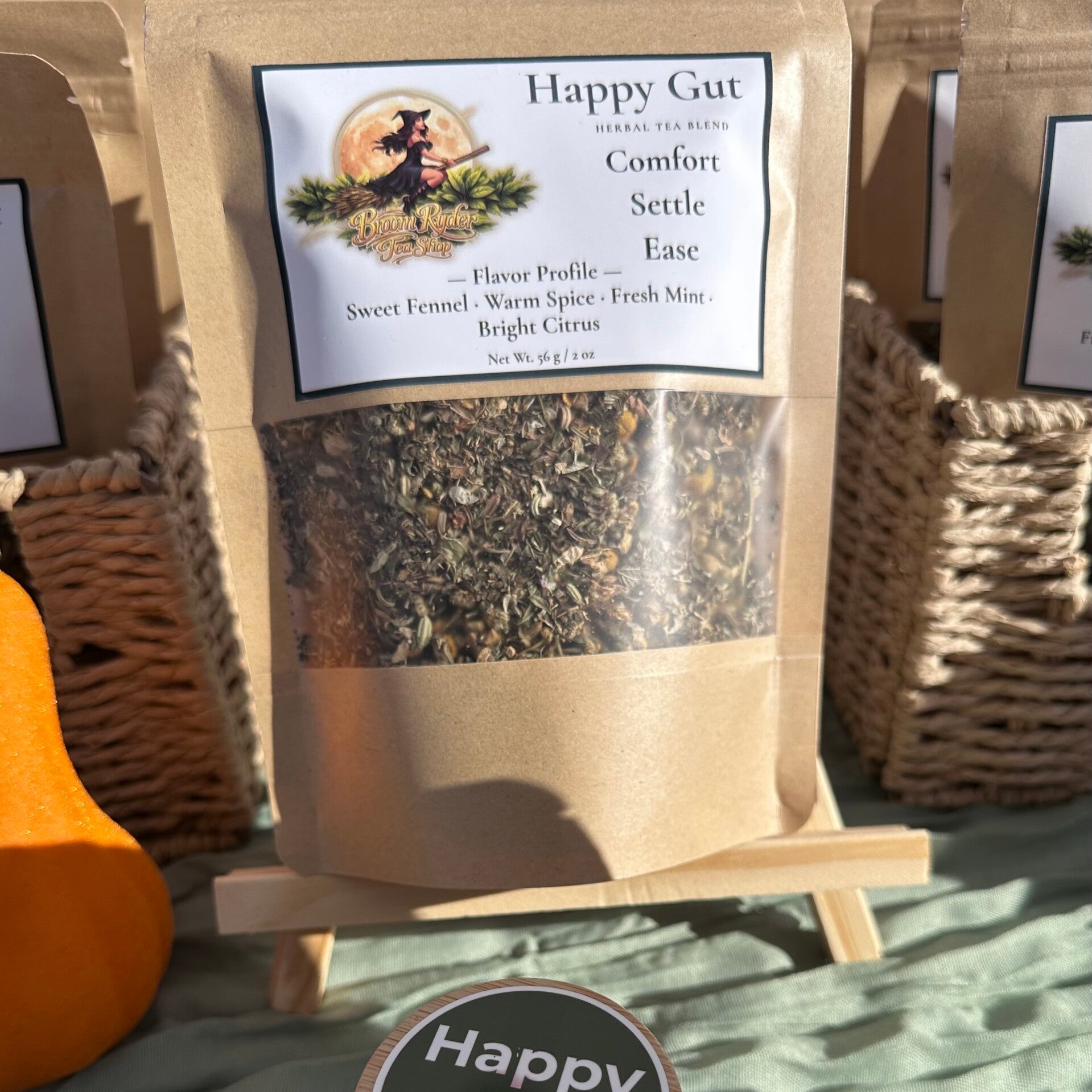 Happy Gut loose-leaf herbal tea in Broom Ryder Tea Shop packaging