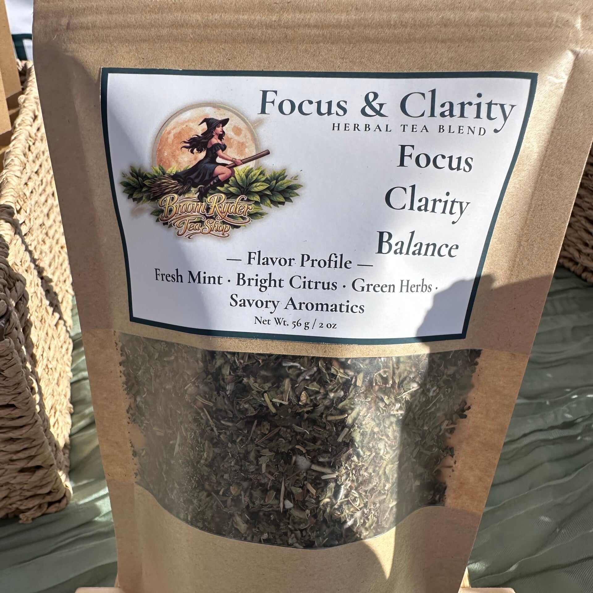 Focus and Clarity loose-leaf herbal tea in Broom Ryder Tea Shop packaging