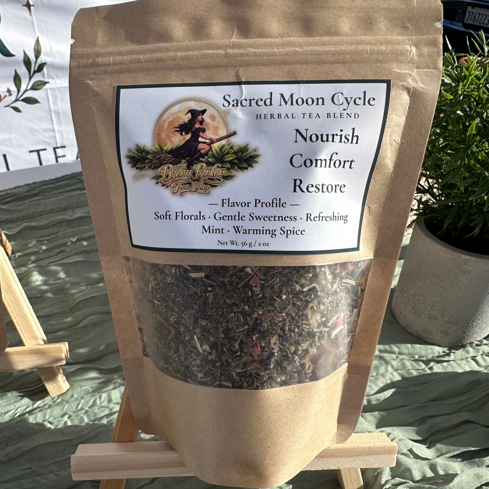 Sacred Moon Cycle loose-leaf herbal tea in Broom Ryder Tea Shop packaging