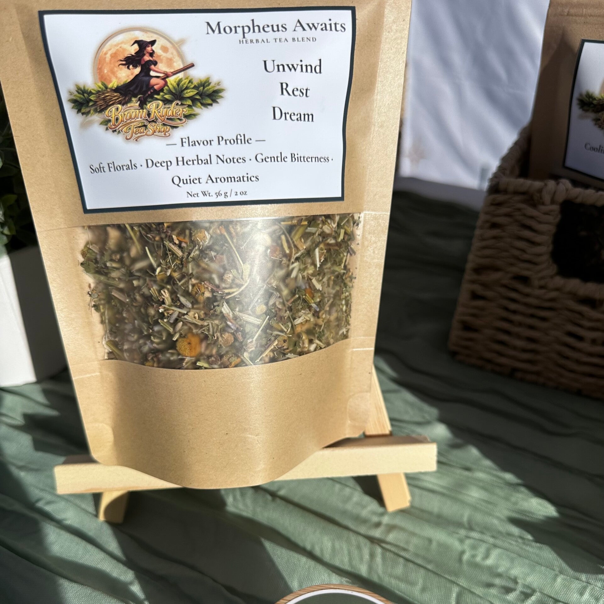 Morpheus Awaits loose-leaf herbal tea in its original kraft pouch