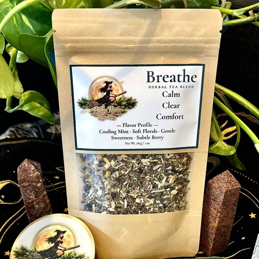 Breathe herbal tea in Broom Ryder Tea Shop kraft packaging with greenery and crystals