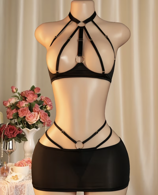 Leopard Ears Harness Set | Strappy Mini Skirt Exotic Dancewear Costume