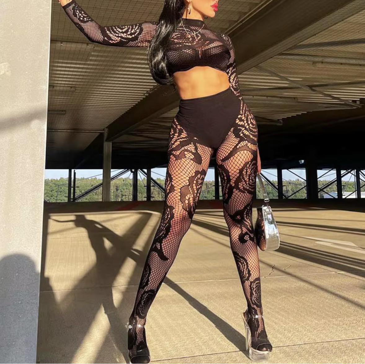 Midnight Lace Illusion 2-Piece Set | Long-Sleeve Crop Top & High-Waist Leggings