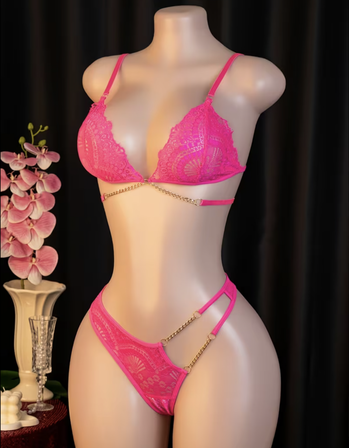 Neon Pink Lace Chain-Detail Bra & Thong Set | Exotic Dancewear