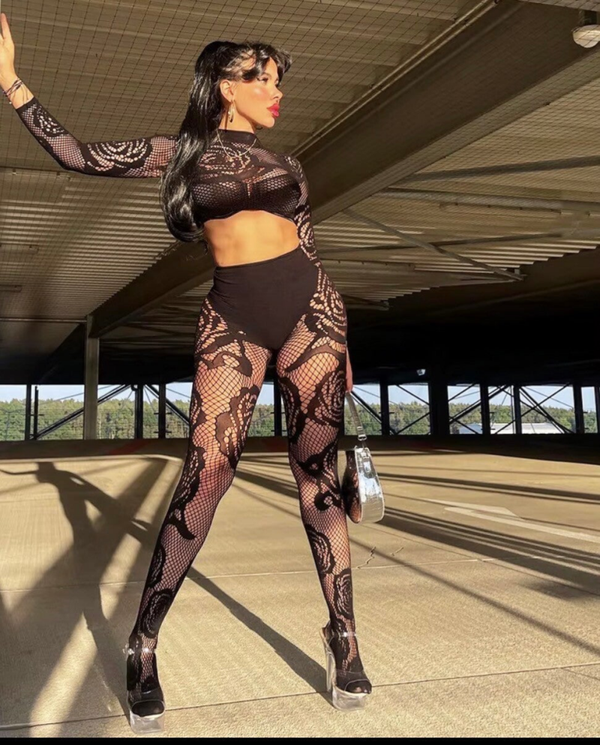 Women’s Black Lace Fishnet Bodysuit Set | Sheer Floral Mesh Long Sleeve Crop Top & High-Waisted Panty | Sexy Dancewear, Clubwear & Festival Outfit