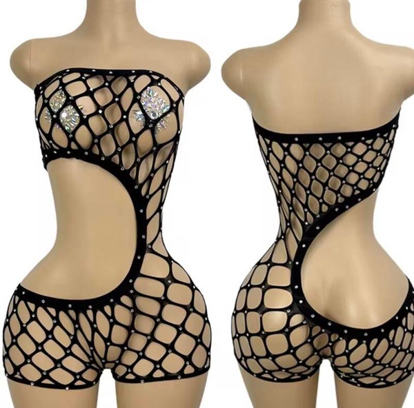 One piece fishnet cut out rhinestone set