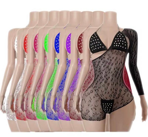 sheer fishnet rhinestone mini romper & bikini 3 piece set